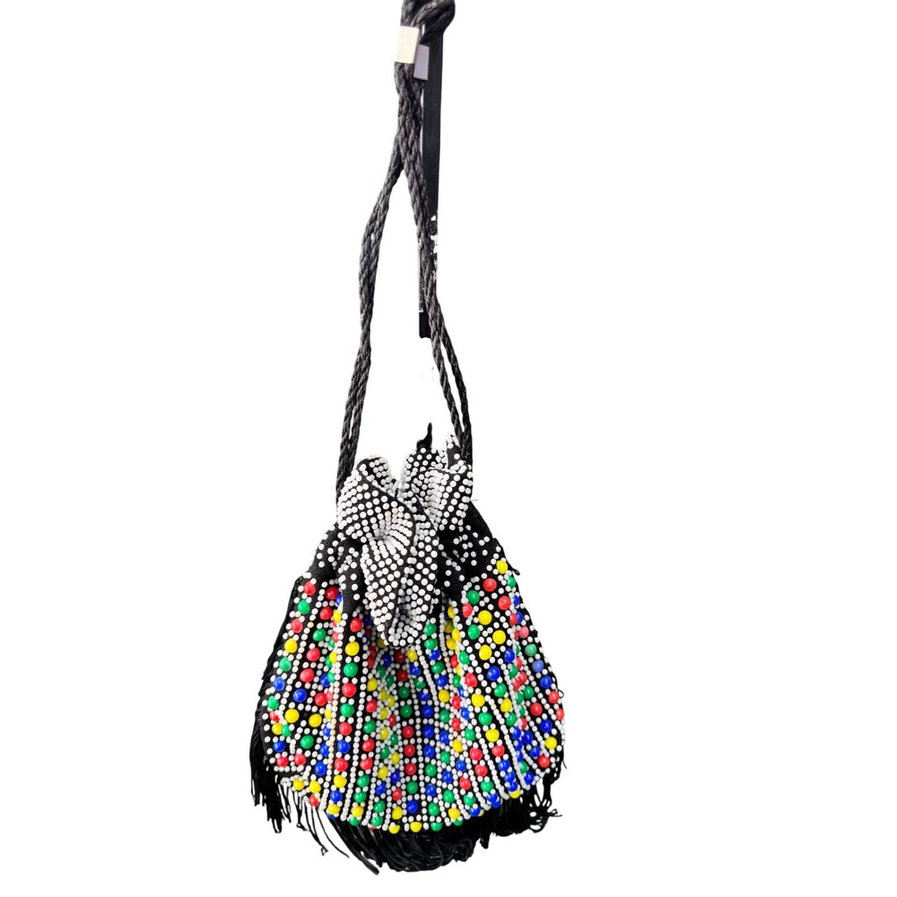 Vintage Beadedโ Drawstring Pouch Women OS Multi Color Excellent Vintage Fringe